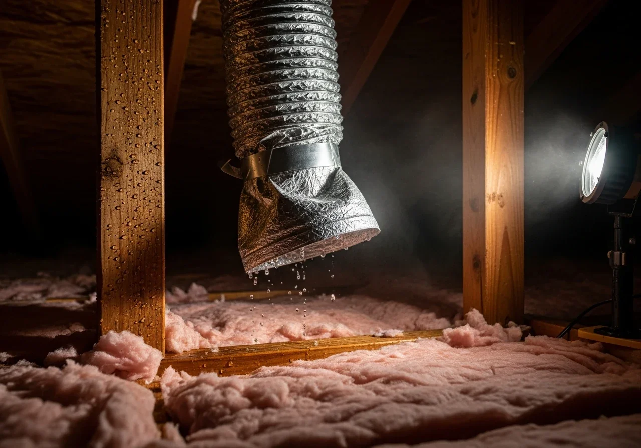 Flexible silver insulated bathroom exhaust fan duct dumping moist air directly into attic insulation instead of venting outside, causing condensation and attic mold