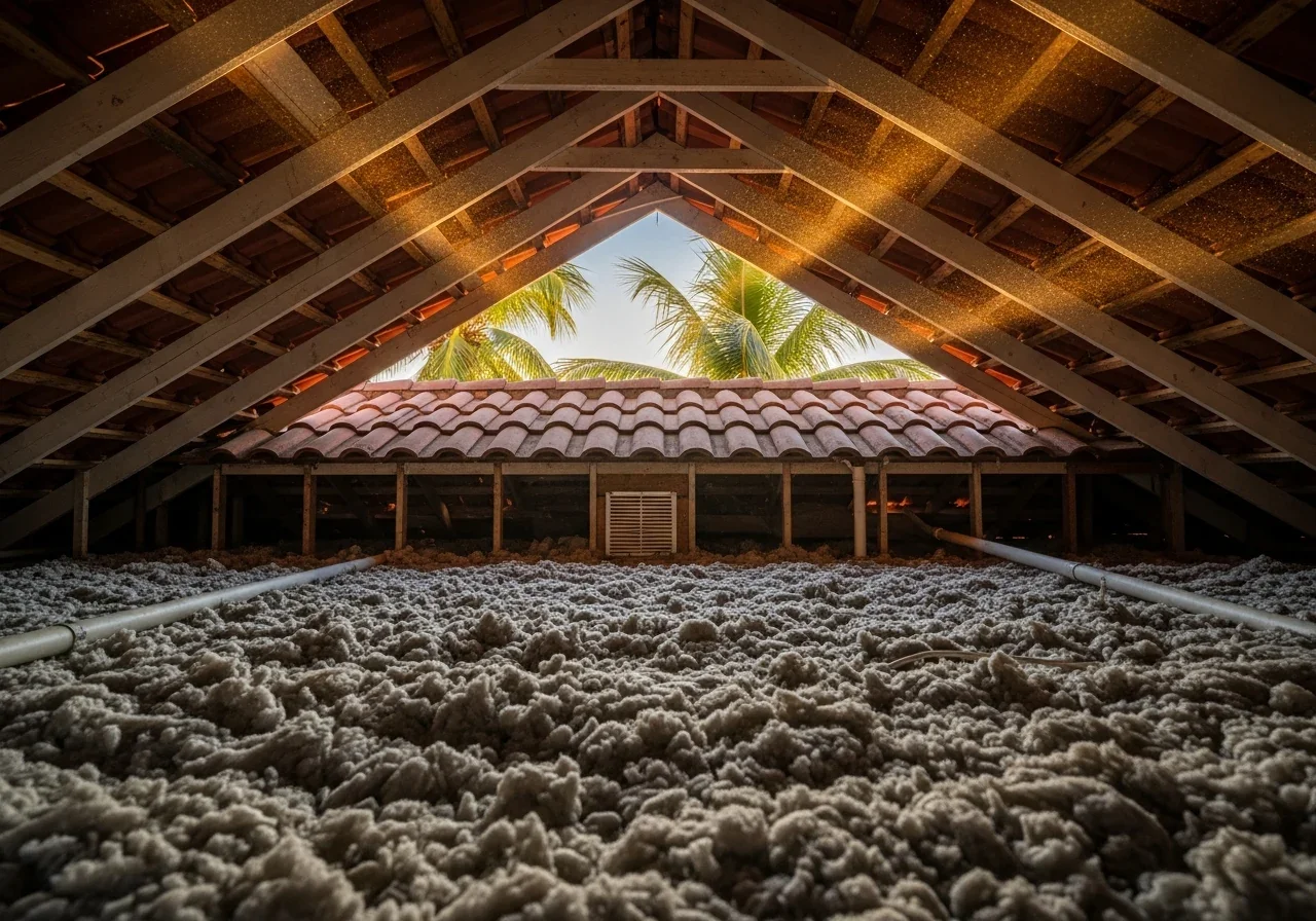 Interior of a South Florida residential attic with a terracotta tile roof underside and palm tree fronds visible through a gable vent, showing the hot humid conditions that drive attic mold in Florida homes
