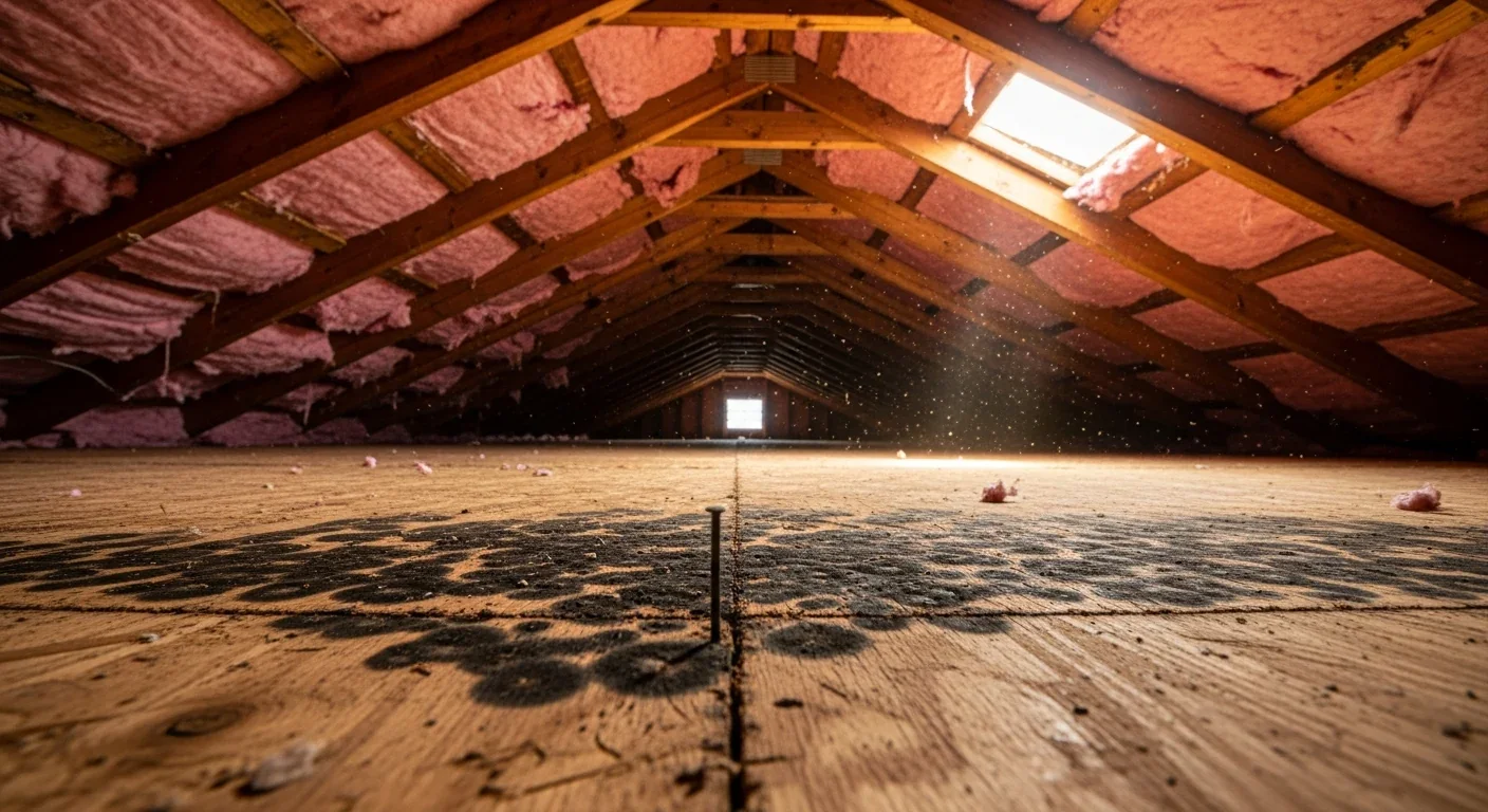 Wide view inside a residential attic showing dark mold staining on plywood roof decking and rafters around an old roof leak, with pink fiberglass insulation along the joists
