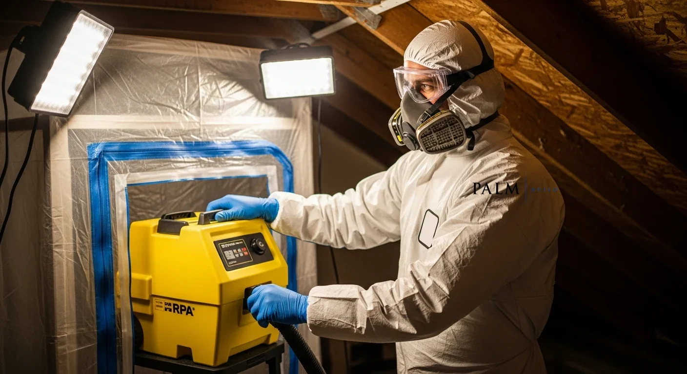 Palm Build mold remediation technician in a white Tyvek suit and P100 respirator running a yellow HEPA air scrubber inside a zipped plastic containment barrier in a residential attic