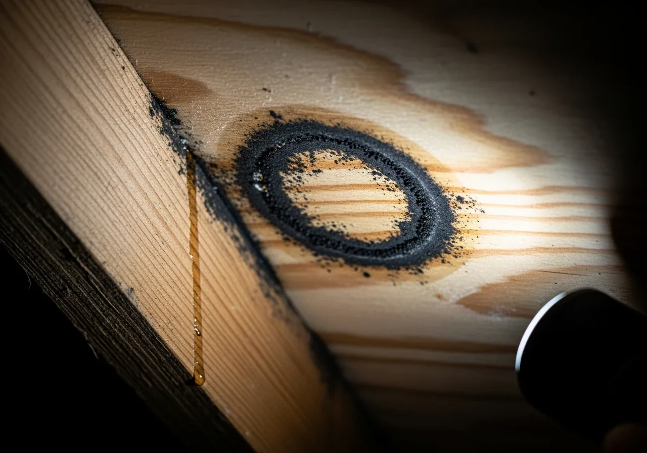 Close-up of a wooden rafter and plywood roof sheathing inside an attic showing a dark water-stained ring with black mold growth around the edges from a slow roof leak
