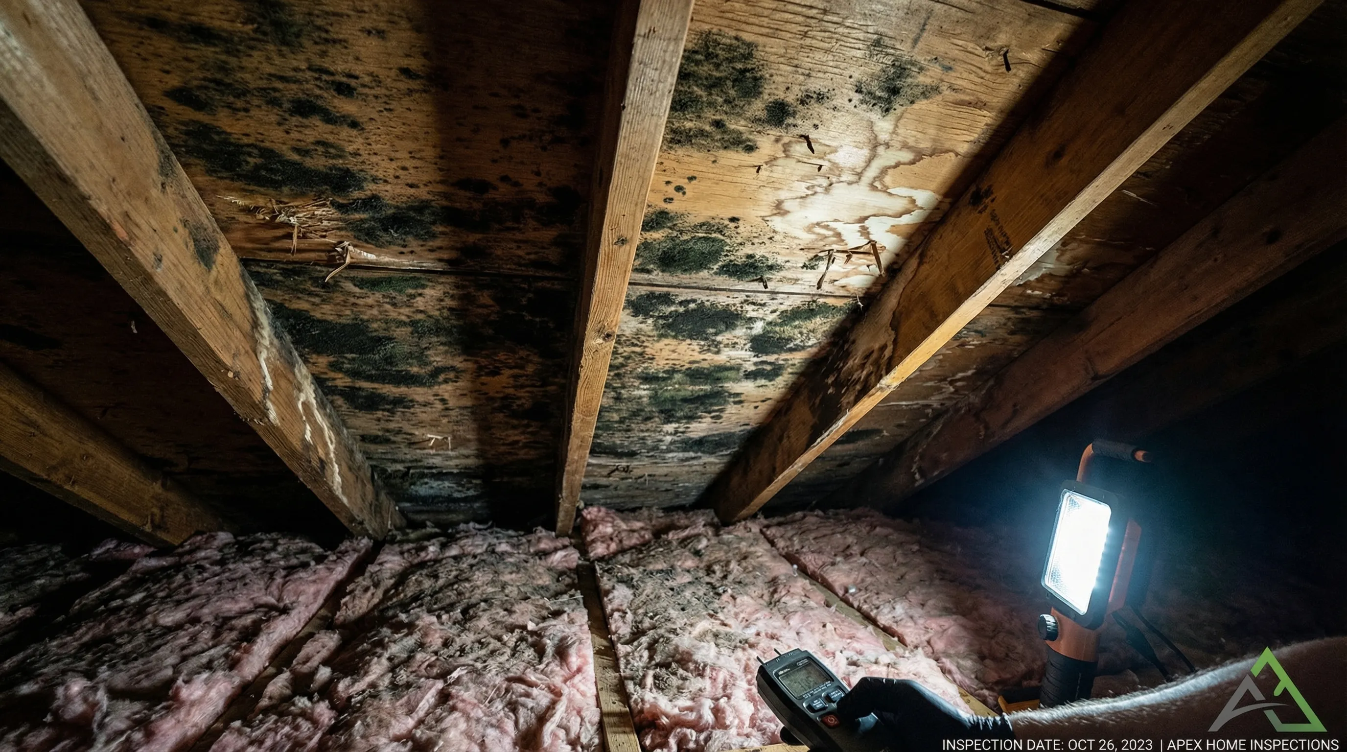 Extensive dark mold growth on roof sheathing and rafters in a residential attic