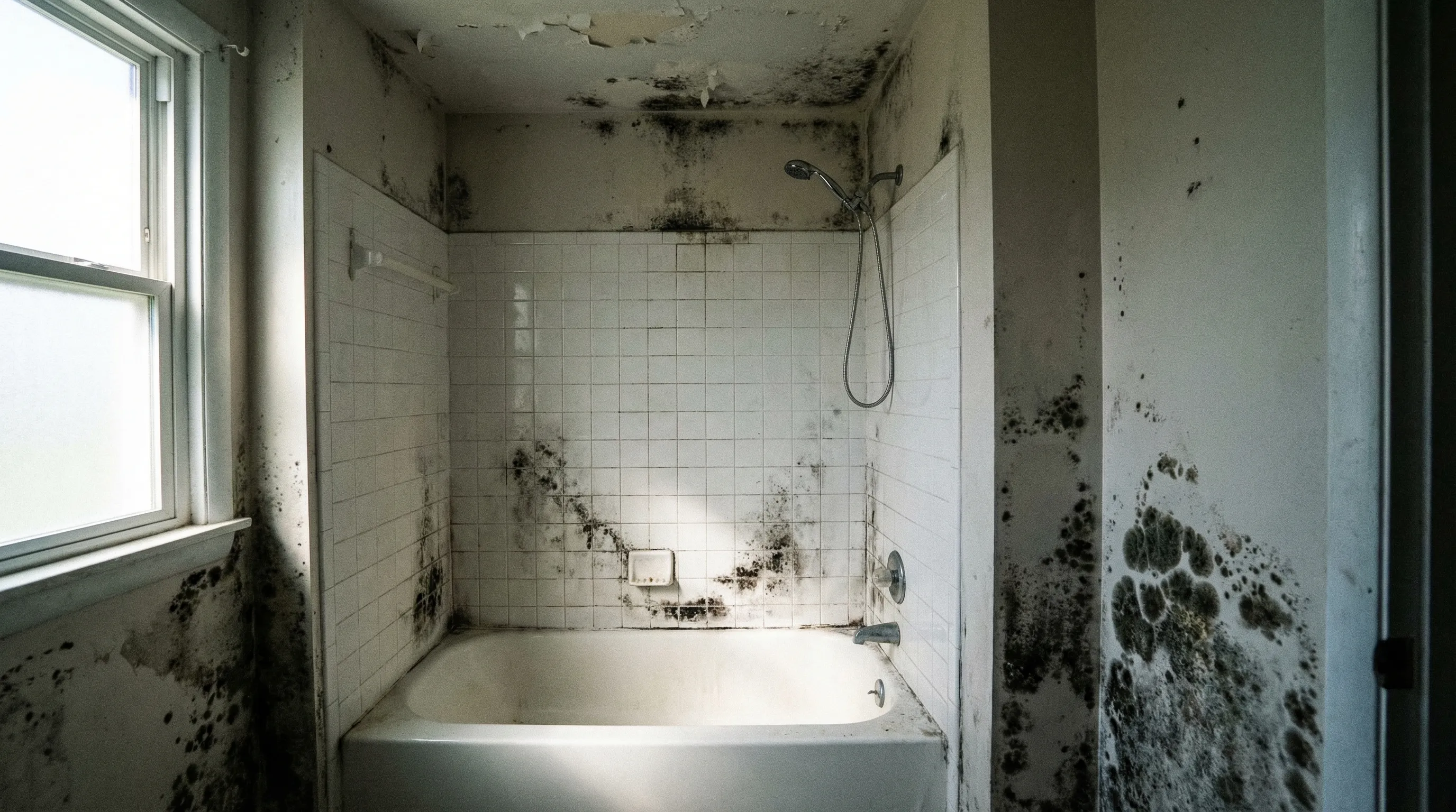Black mold growth on bathroom walls and ceiling around a shower and bathtub area