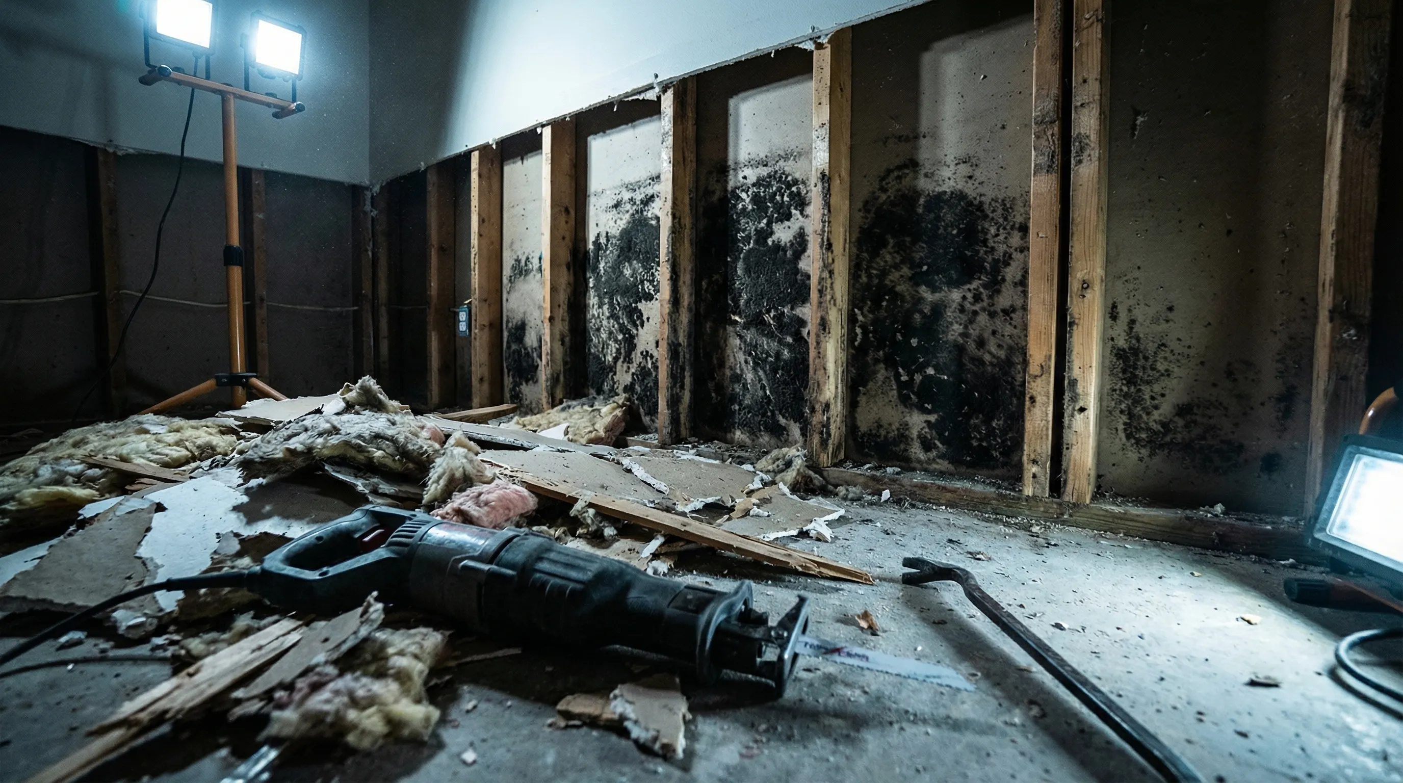 Hidden black mold exposed behind removed drywall showing mold on wall studs