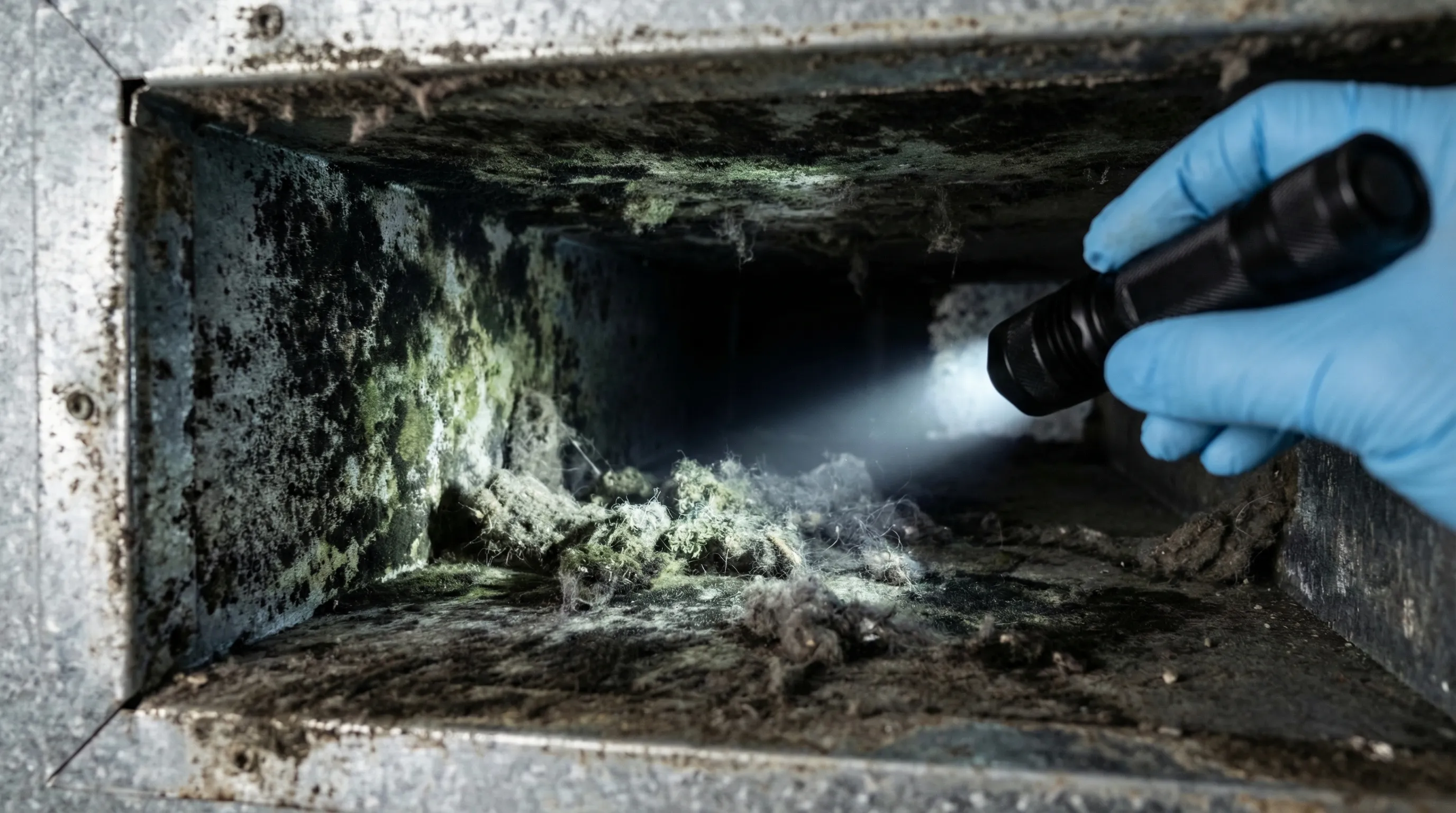 Mold growth visible inside residential HVAC ductwork during inspection