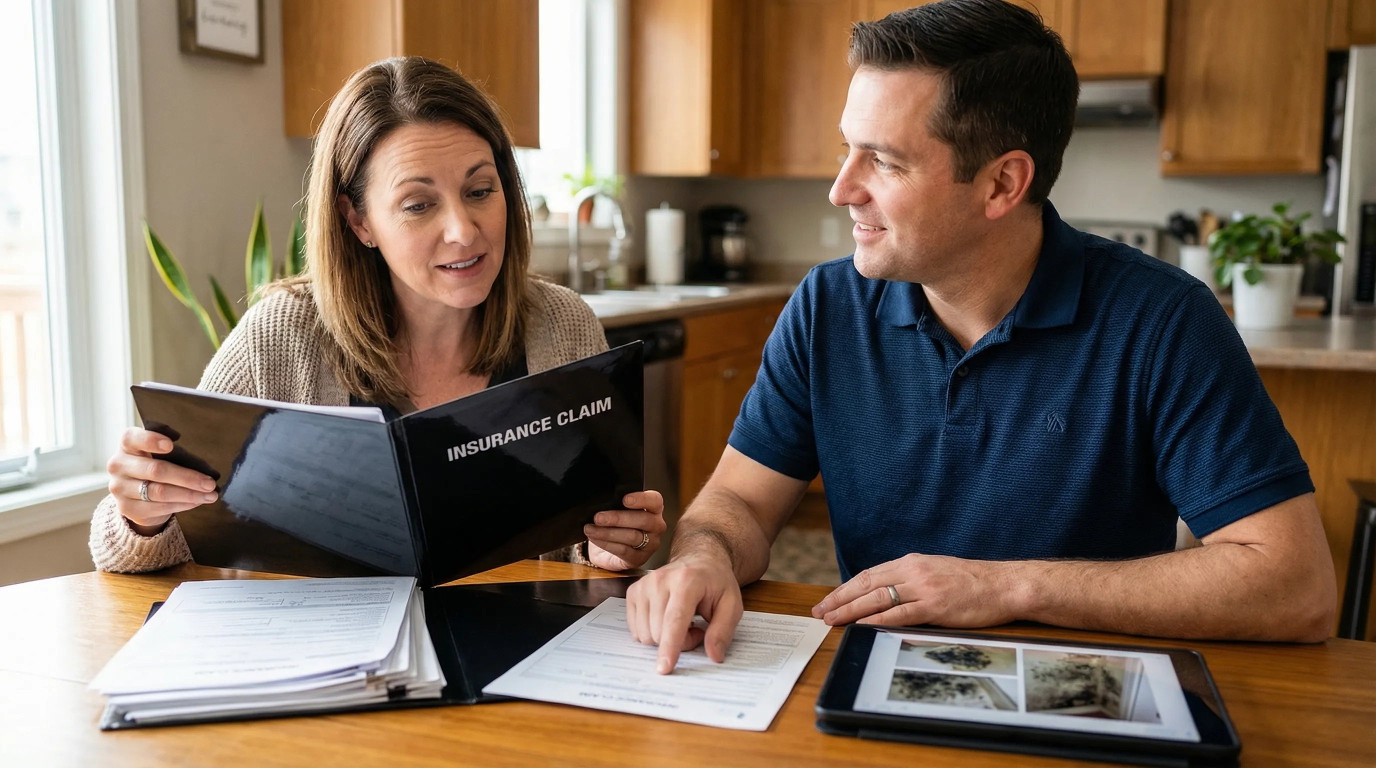 Homeowner and restoration professional reviewing mold damage documentation and insurance paperwork at a kitchen table