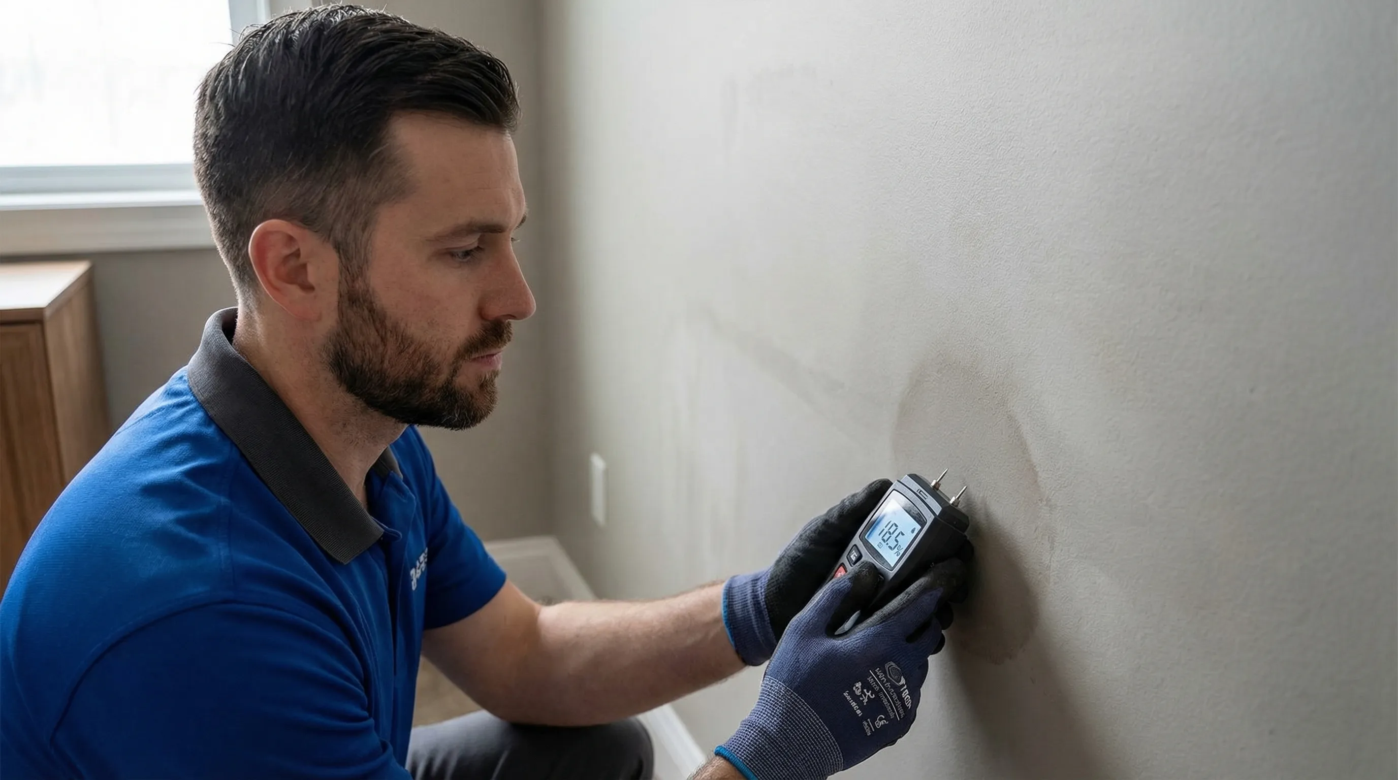 Restoration professional using a pin-type moisture meter to take readings on a damp residential wall