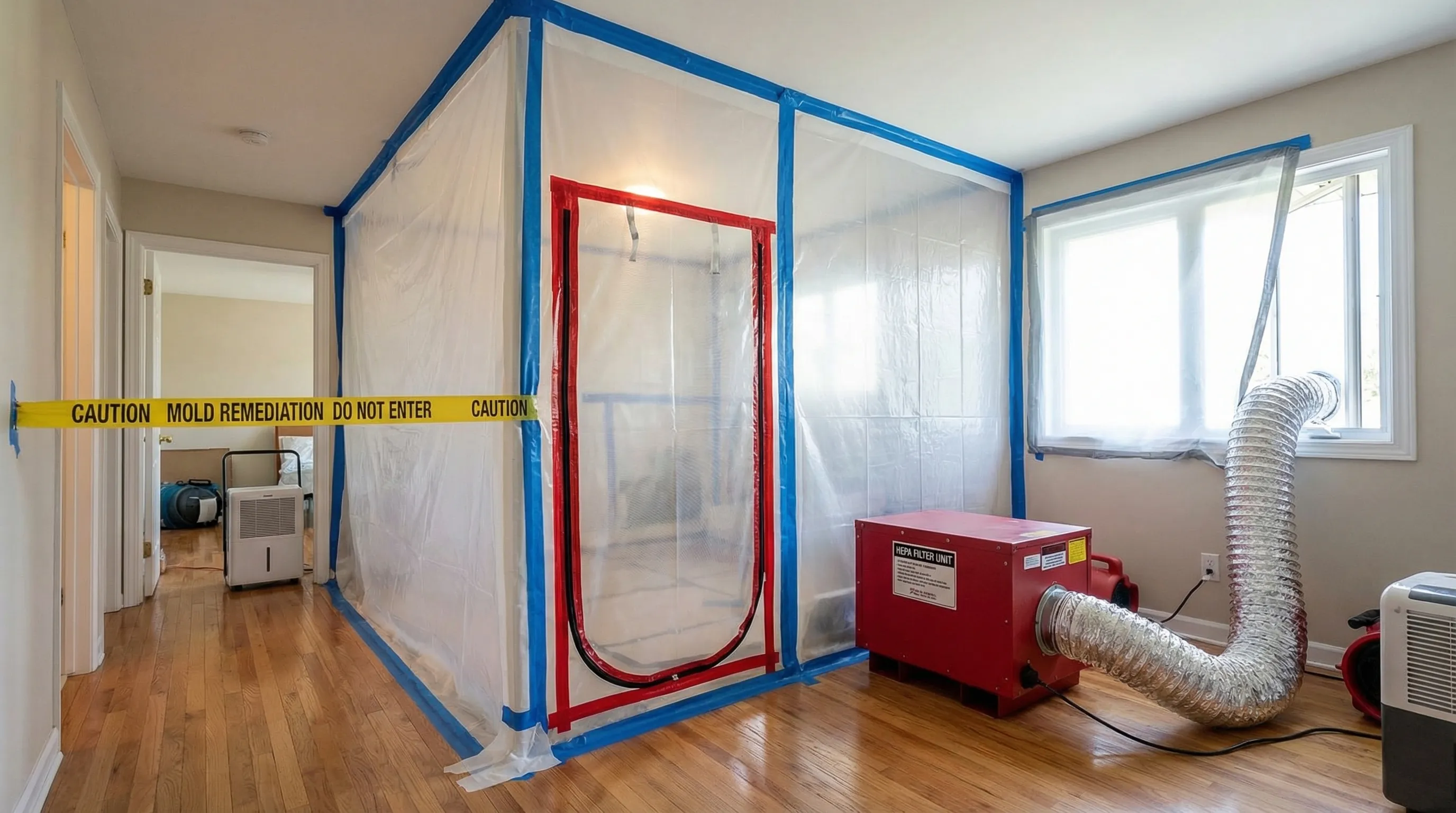 Professional mold containment setup with plastic sheeting barrier and HEPA negative air machine in a residential hallway