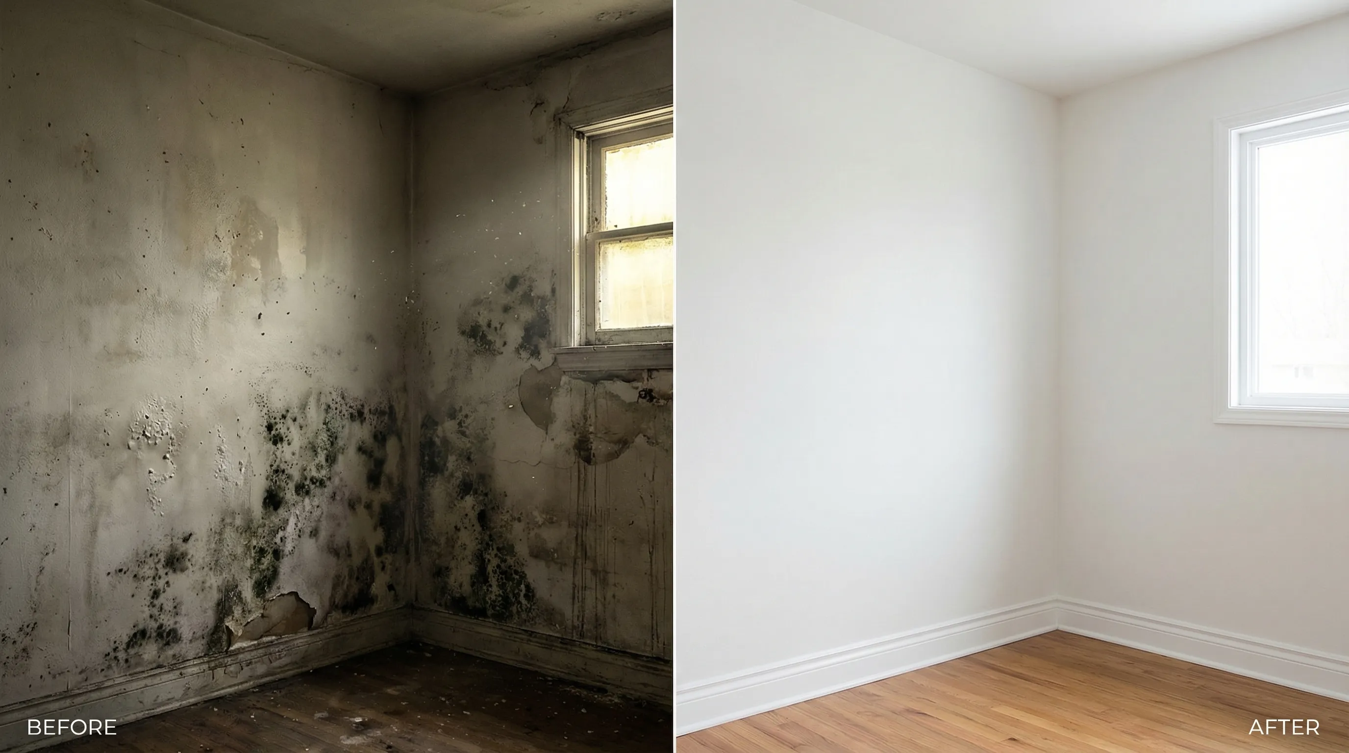 Before and after comparison showing a room with mold damage on the left and the same room fully restored on the right