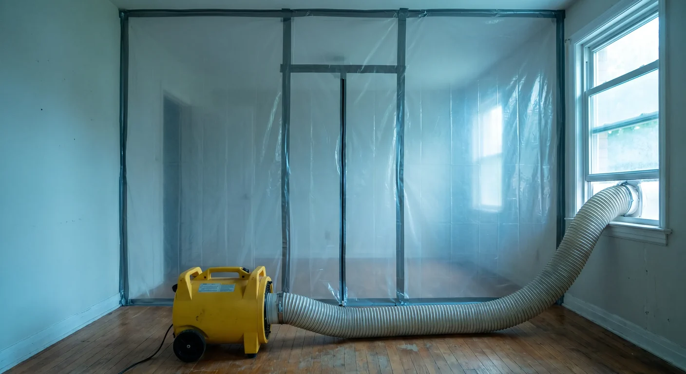 Plastic containment barrier with a zippered doorway and a negative-air machine ducted out a window during mold remediation