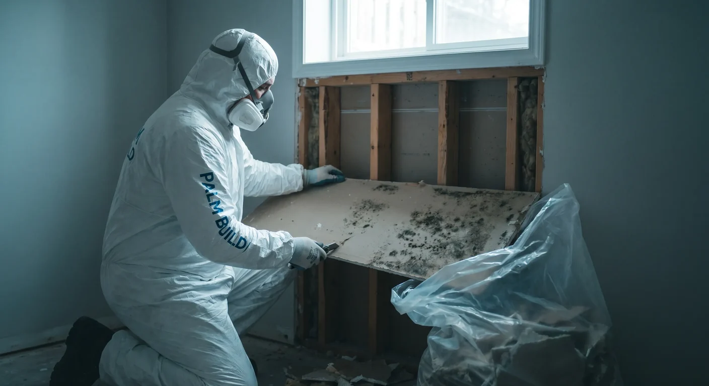 Technician removing mold-damaged drywall during controlled demolition, exposing the wall studs behind it
