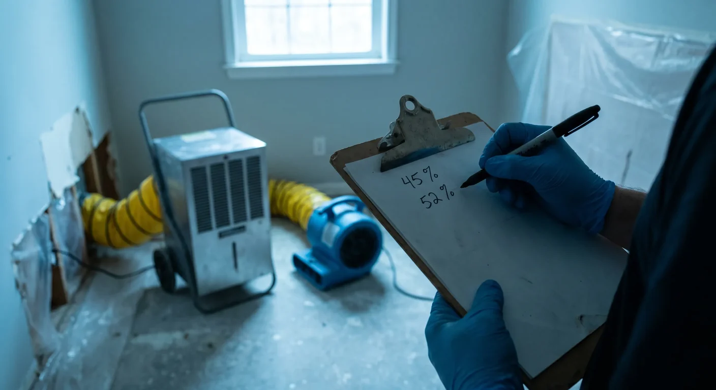 Dehumidifier and air movers running next to a clipboard with a moisture log during structural drying after mold removal