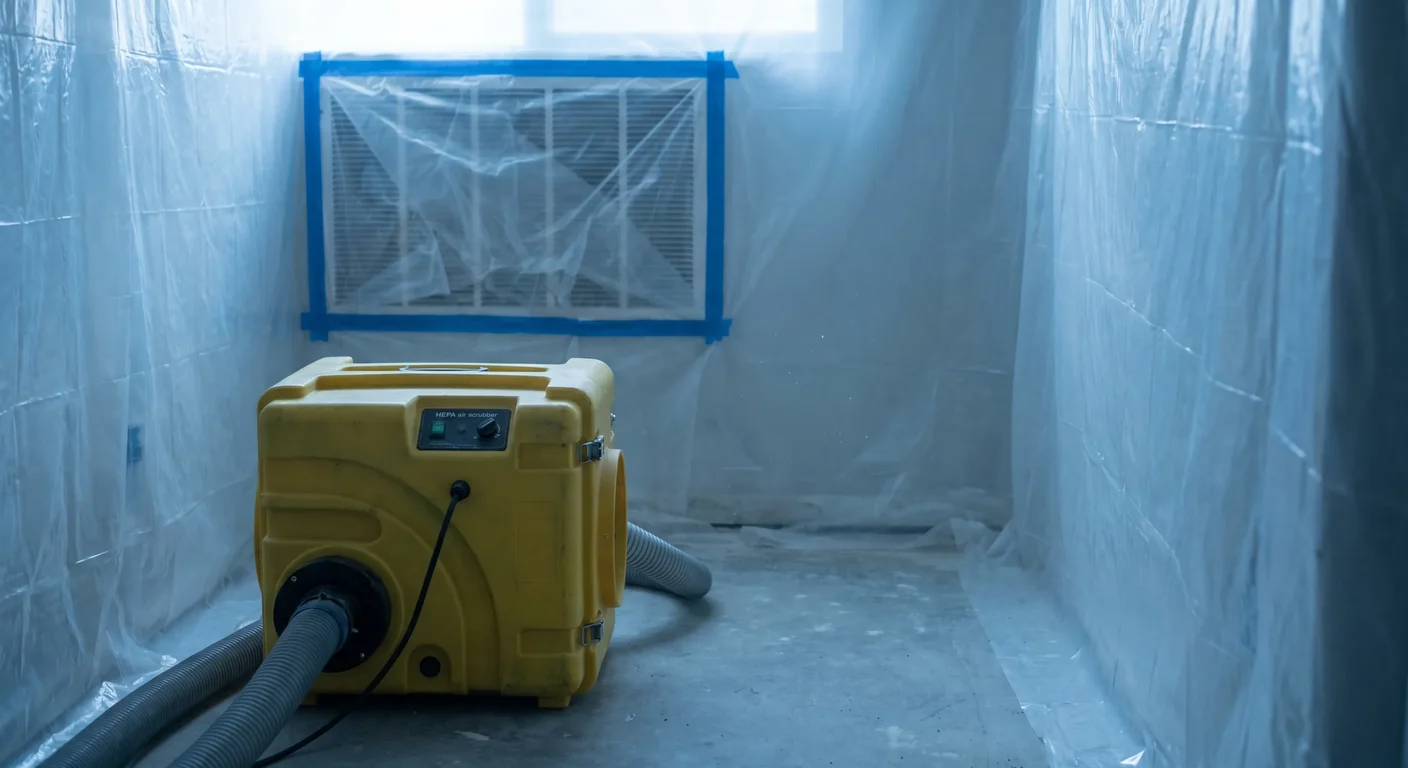 HEPA air scrubber running inside mold containment with HVAC supply vents sealed off with plastic and tape