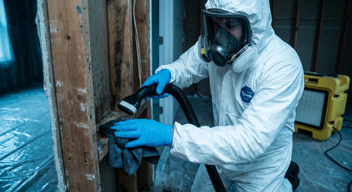 Technician HEPA-vacuuming and damp-wiping a wall stud cavity during the mold cleaning step