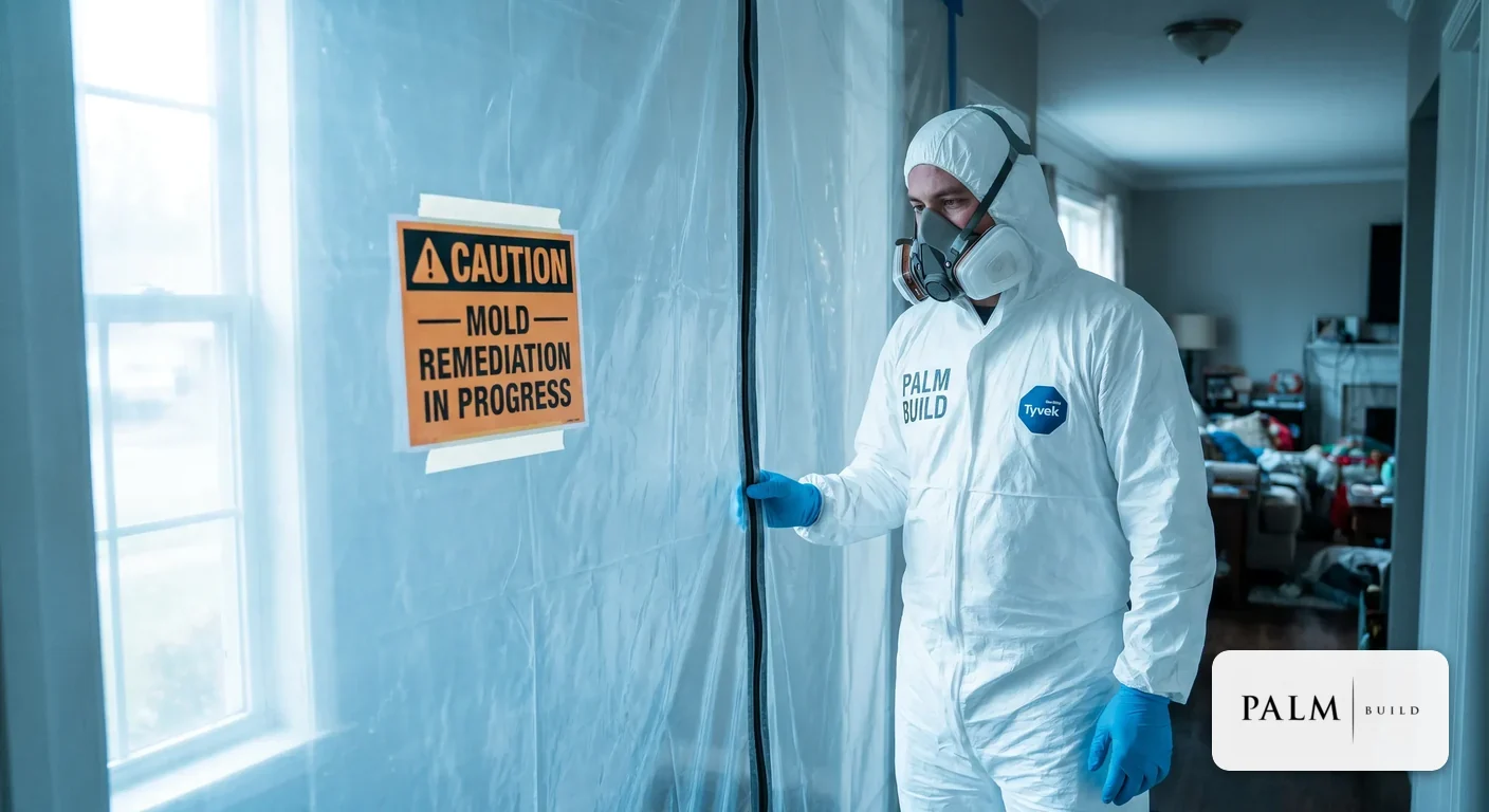 Mold remediation technician in full PPE standing at a plastic containment doorway with warning signage on a residential job