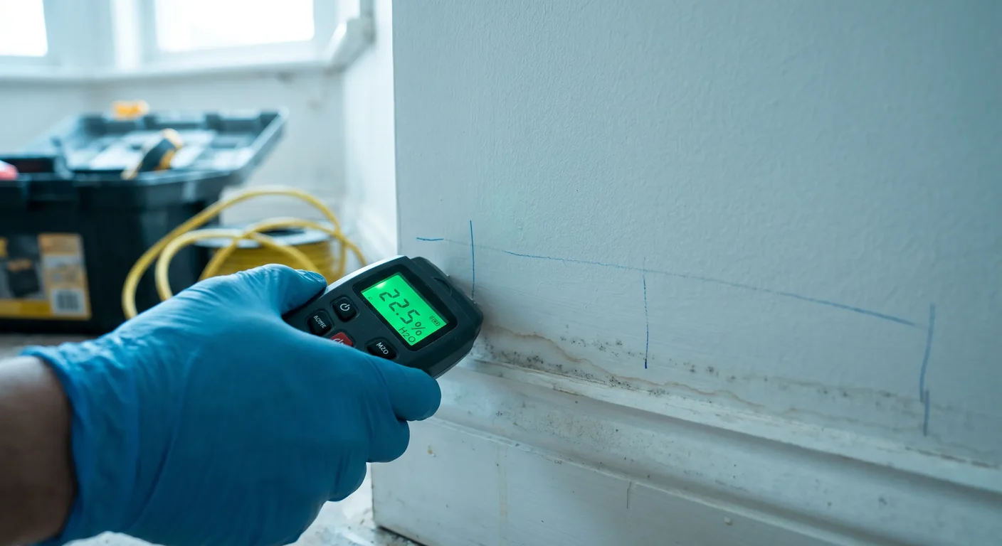 Palm Build technician taking a moisture-meter reading at a baseboard to map hidden moisture before mold remediation