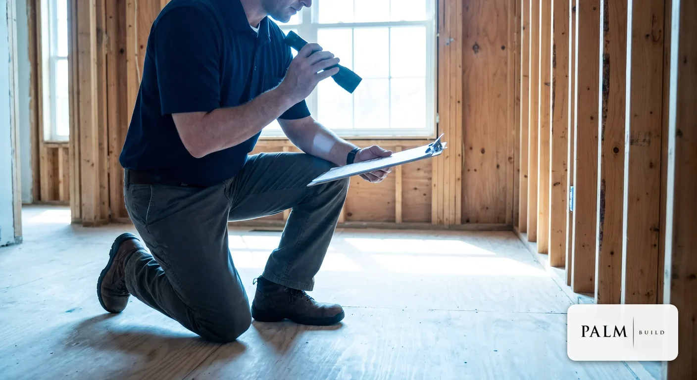 Technician kneeling in a clean, dry, rebuild-ready room stripped to bare framing, holding an inspection light and a documentation clipboard during post-remediation verification
