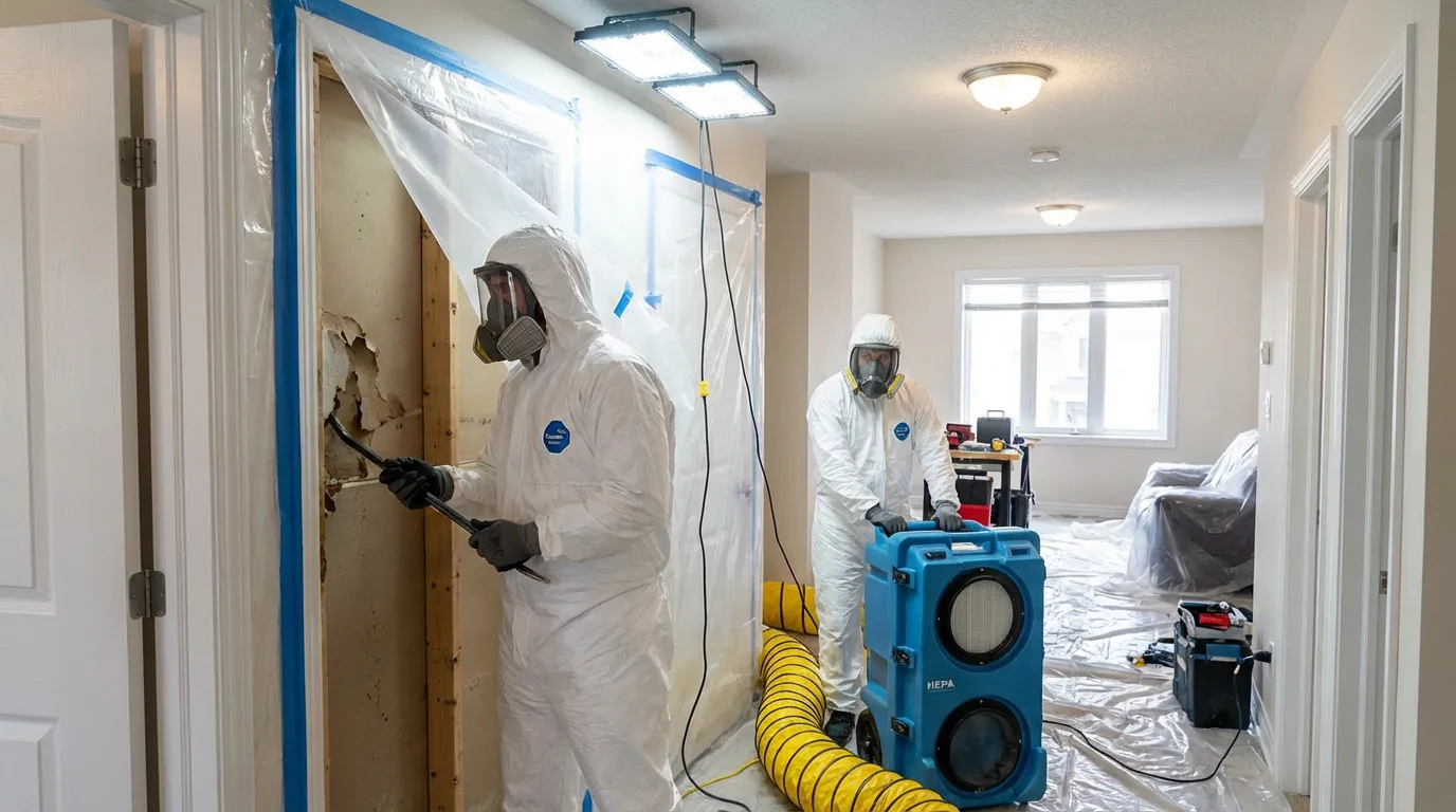 Professional mold remediation team in full protective equipment working inside a residential containment zone with HEPA air scrubber and plastic barriers
