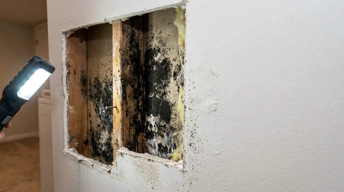 Hidden black mold growth exposed behind partially removed drywall, showing extensive contamination on wall studs and insulation that was invisible from the surface