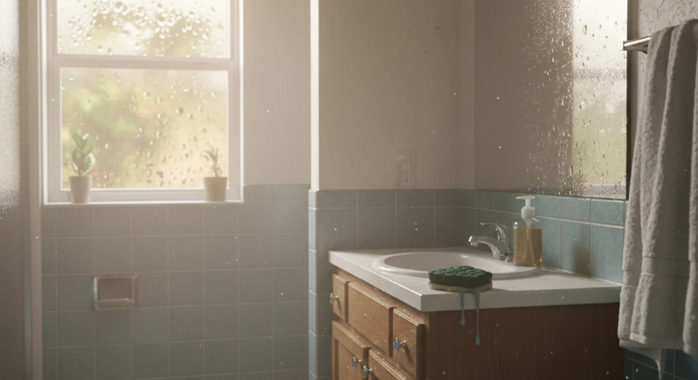 Humid Florida bathroom with heavy condensation on the window and mirror and vintage tile, illustrating the damp conditions that feed mold and mildew