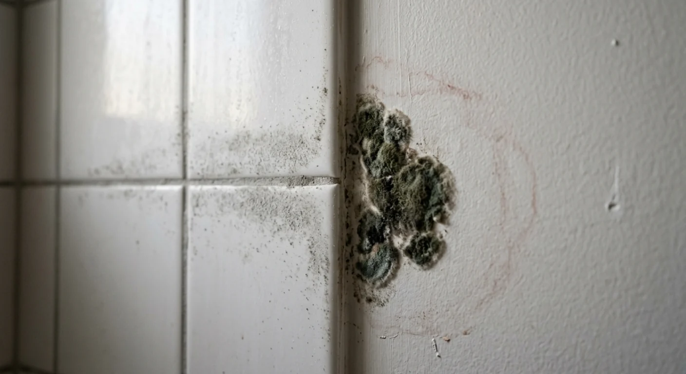 A bathroom wall showing flat, powdery surface mildew on tile grout transitioning into a raised, fuzzy dark-green mold colony on the adjoining painted drywall
