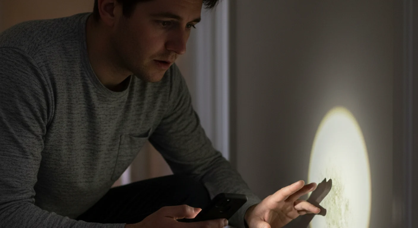 Homeowner using a smartphone flashlight to inspect a patch of fungal growth on a wall near the baseboard in a dim hallway