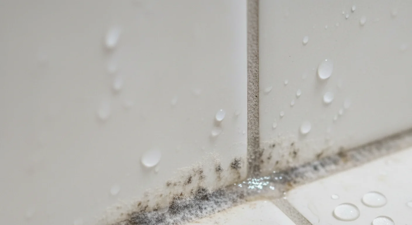 Thin, flat, powdery gray-white mildew growing along the grout lines and caulk seams of light ceramic shower tile in a residential bathroom
