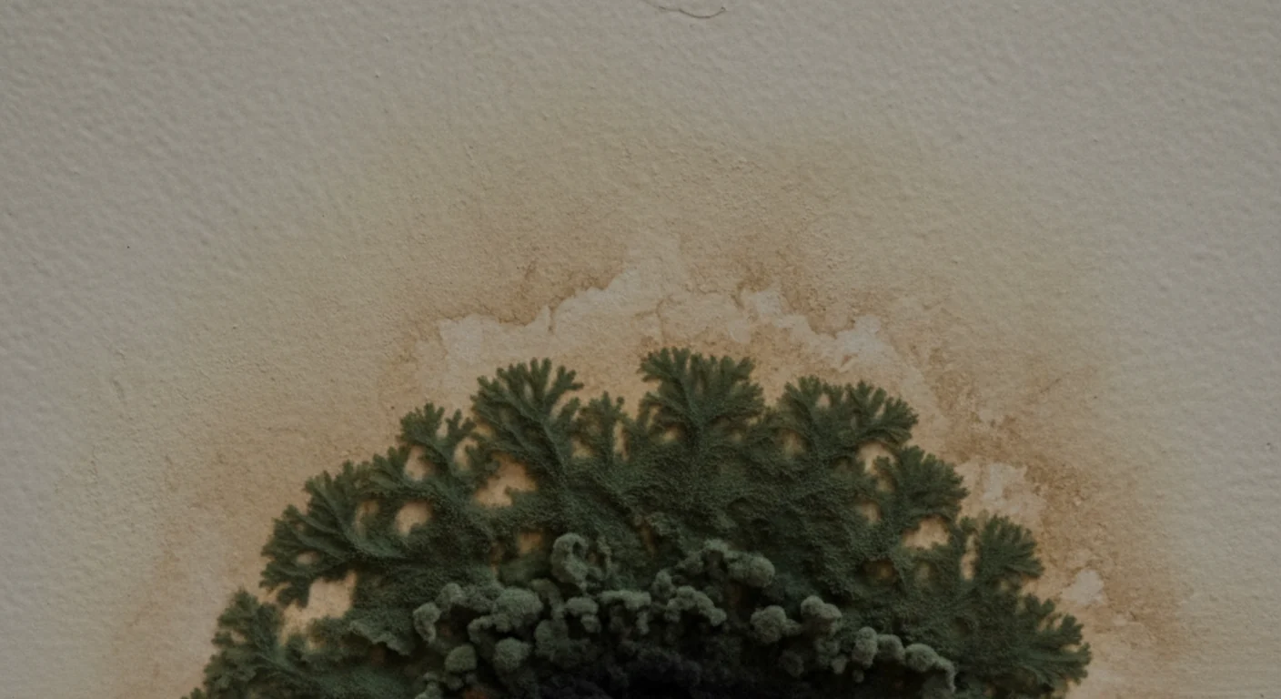 Close-up of a raised, fuzzy dark-green and black mold colony that has penetrated water-stained drywall near a baseboard