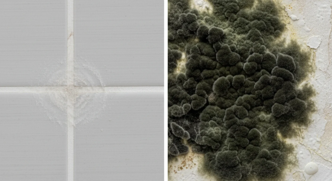 Split-frame comparison: a flat, powdery light film on bathroom tile grout on the left versus a raised, fuzzy dark-green mold colony on water-damaged drywall on the right