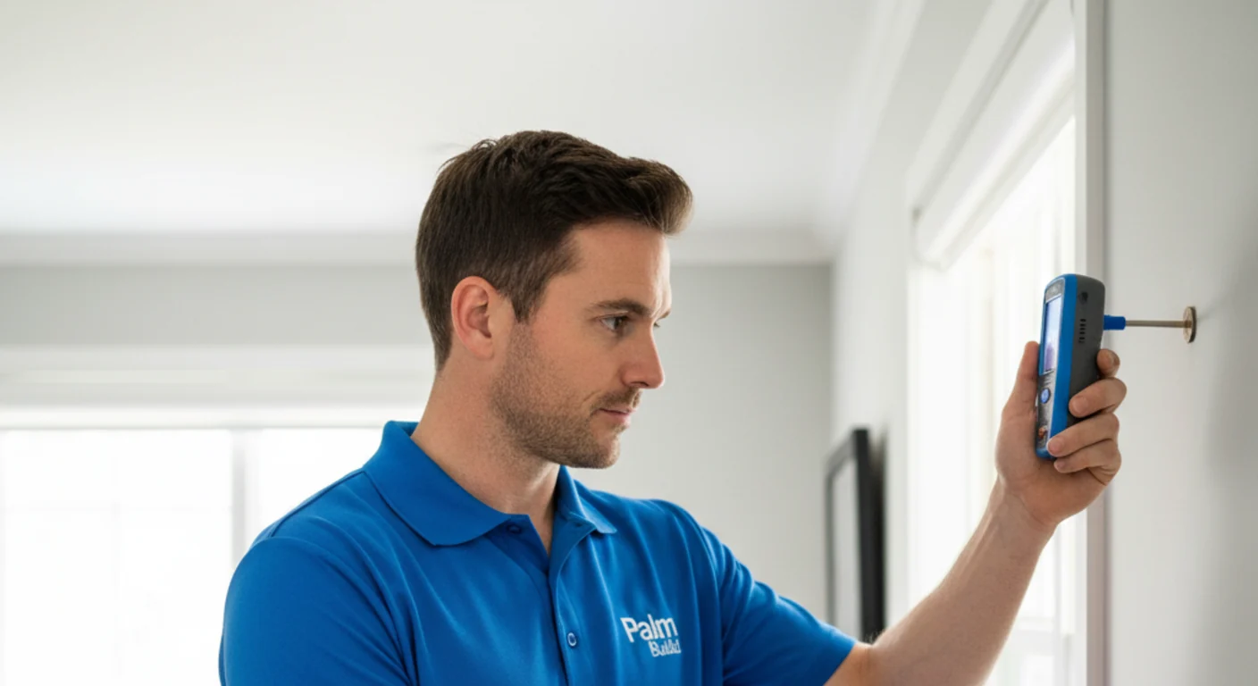 Palm Build restoration technician in a branded blue polo using a digital moisture meter to assess a wall for mold in a residential interior