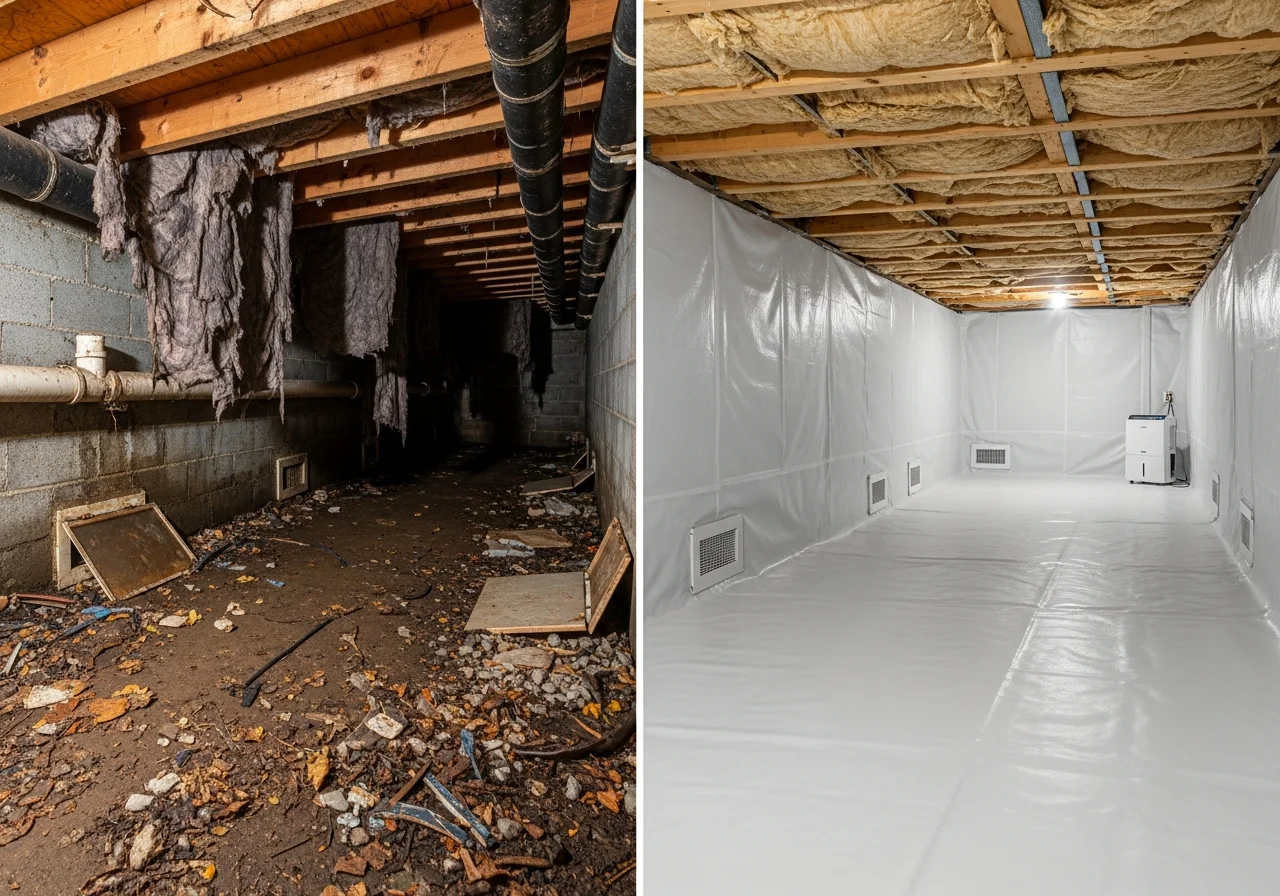 Side-by-side comparison of a neglected vented crawl space with sagging insulation and mold versus a clean encapsulated crawl space with white vapor barrier