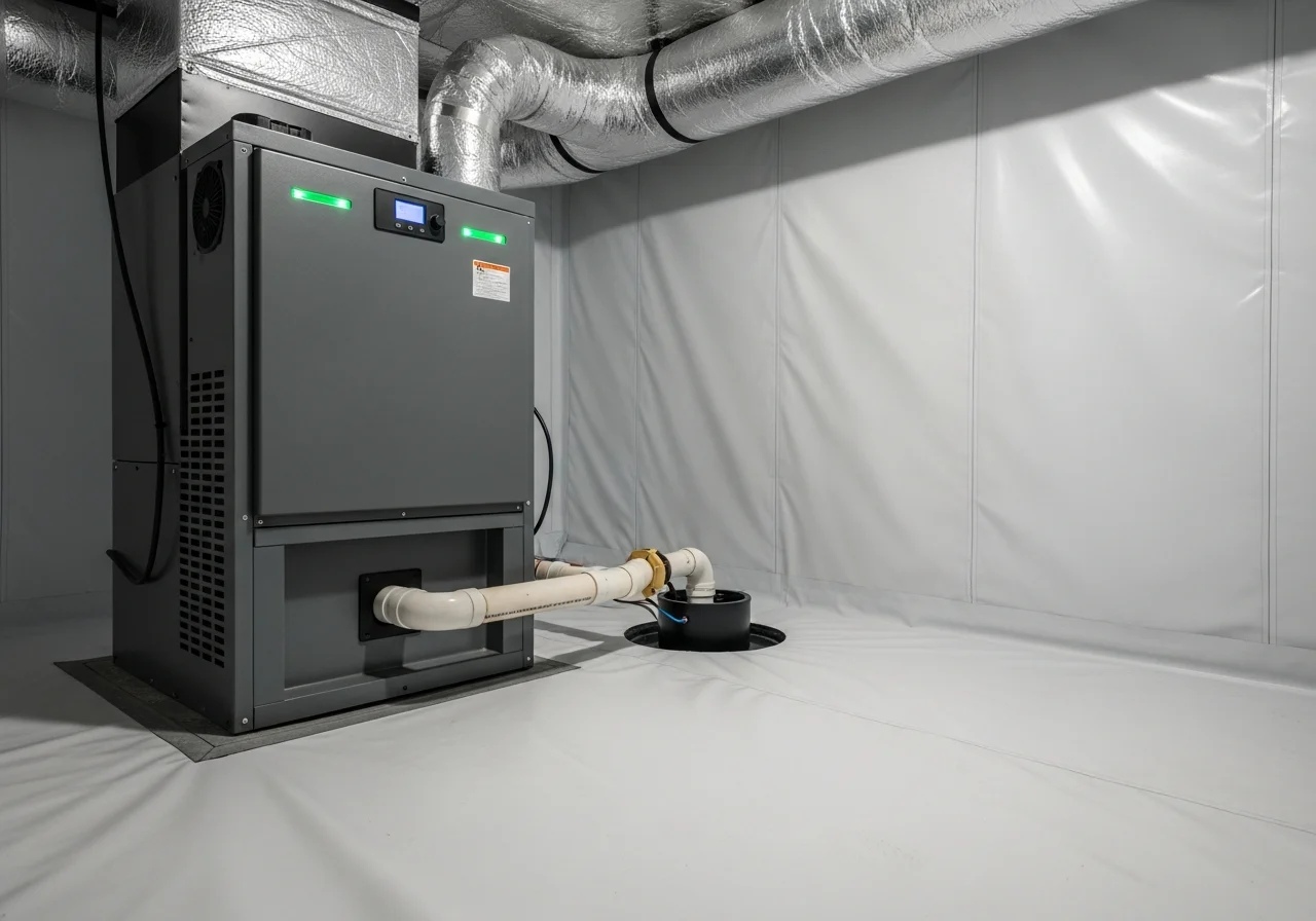 Commercial-grade dehumidifier running in a fully encapsulated crawl space with white vapor barrier on floor and walls