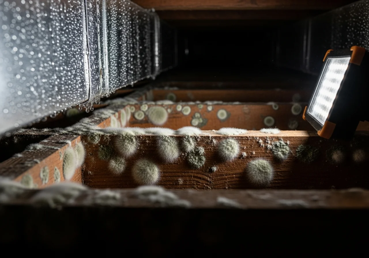 Close-up of mold growth on wooden floor joists inside a crawl space with condensation visible on HVAC ductwork