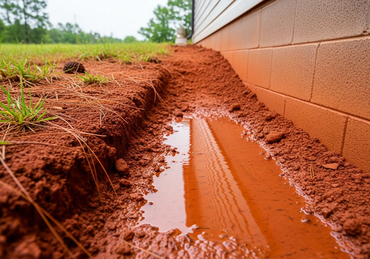 Saturated red clay soil pooling water against a concrete block foundation wall in North Carolina after rainfall