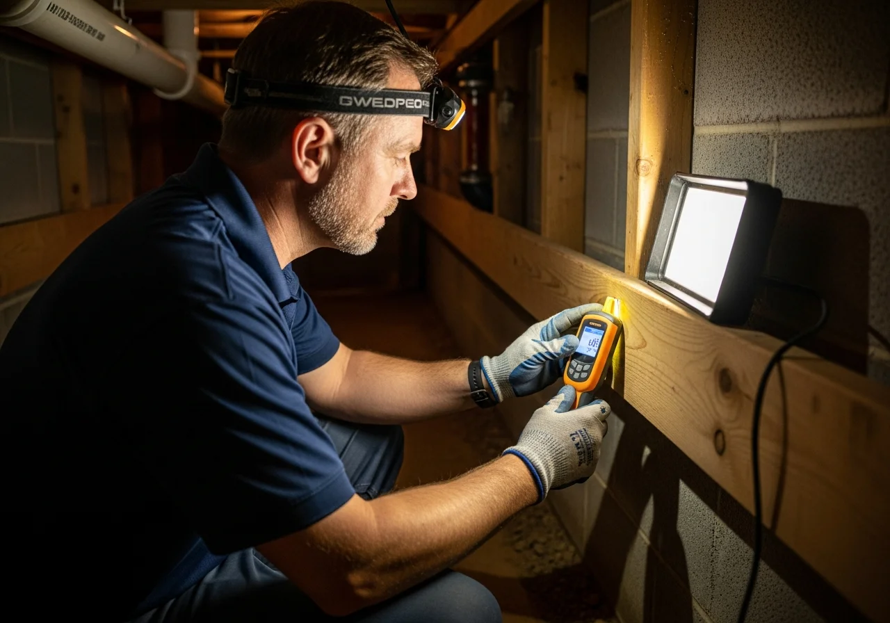 Restoration technician using a digital moisture meter on floor joists inside a crawl space during a professional inspection