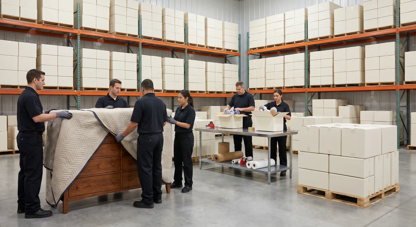 Contents restoration crew boxing and inventorying household goods in preparation for transport to a climate-controlled storage facility