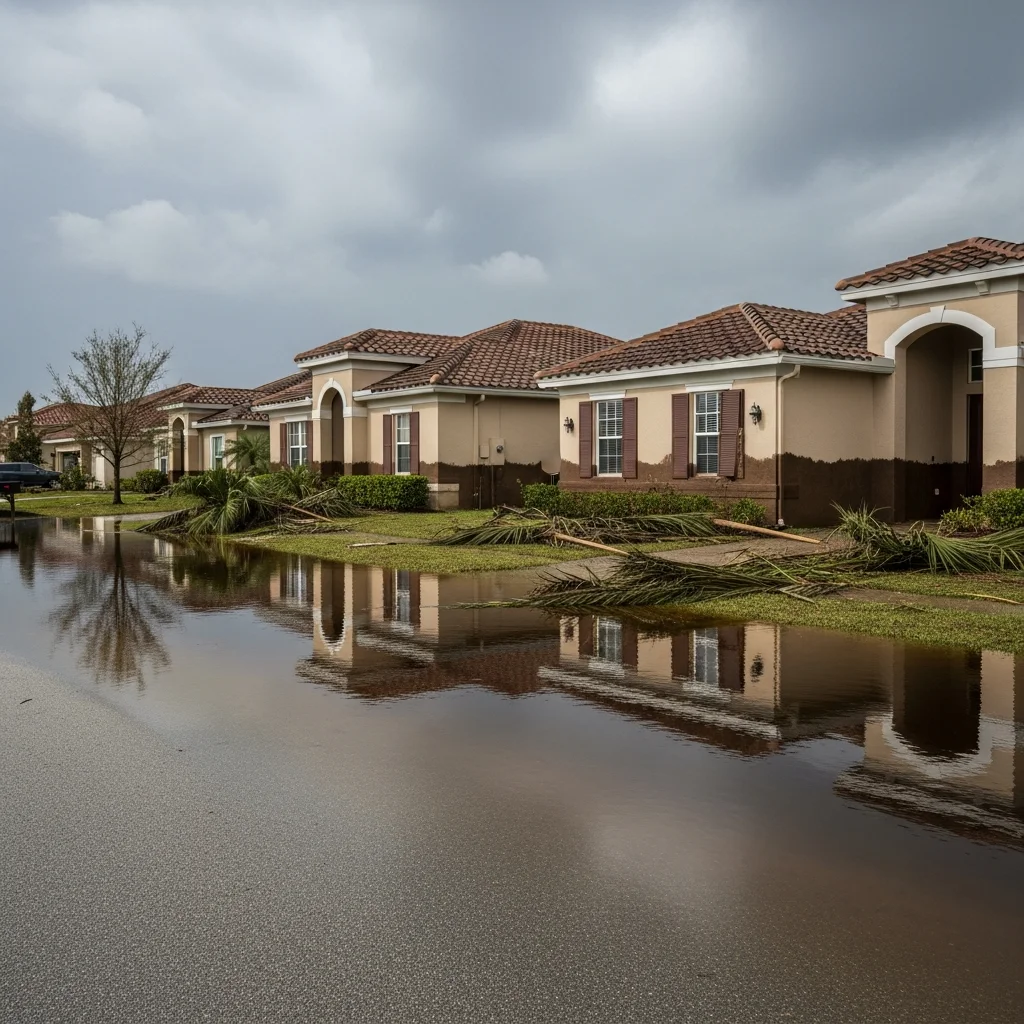 Florida residential neighborhood after a hurricane with standing water on streets and waterline marks on stucco home exteriors
