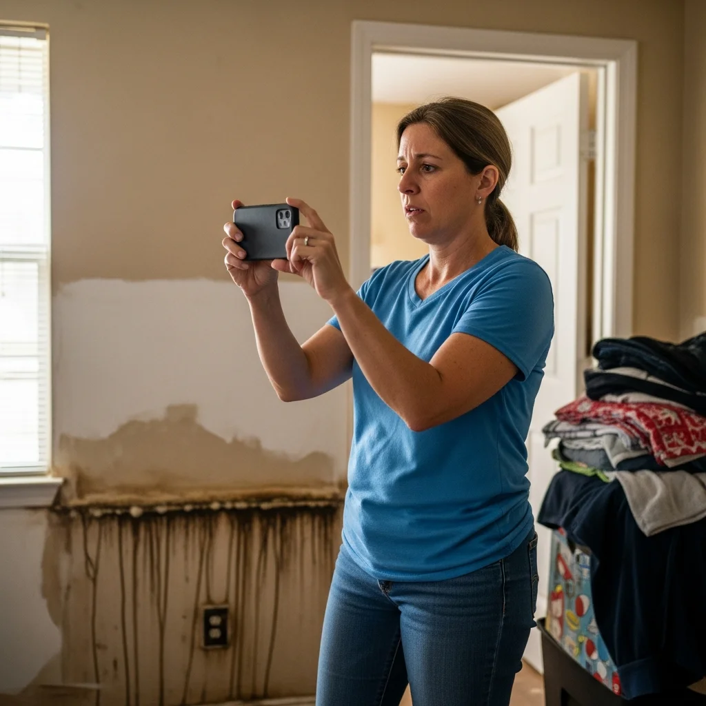 Homeowner photographing hurricane mold damage on walls with smartphone for insurance documentation