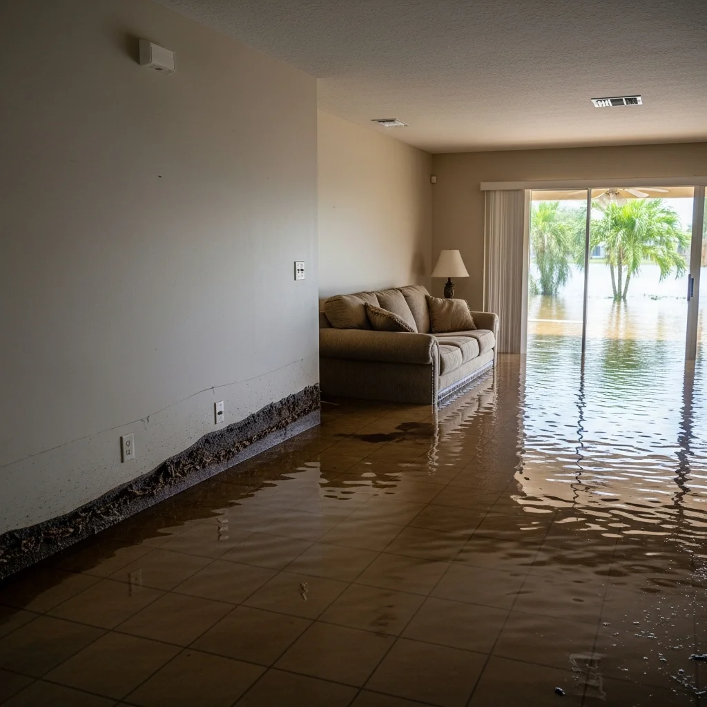 Murky hurricane storm surge floodwater filling the ground floor of a Florida single-story home with waterline marks on walls