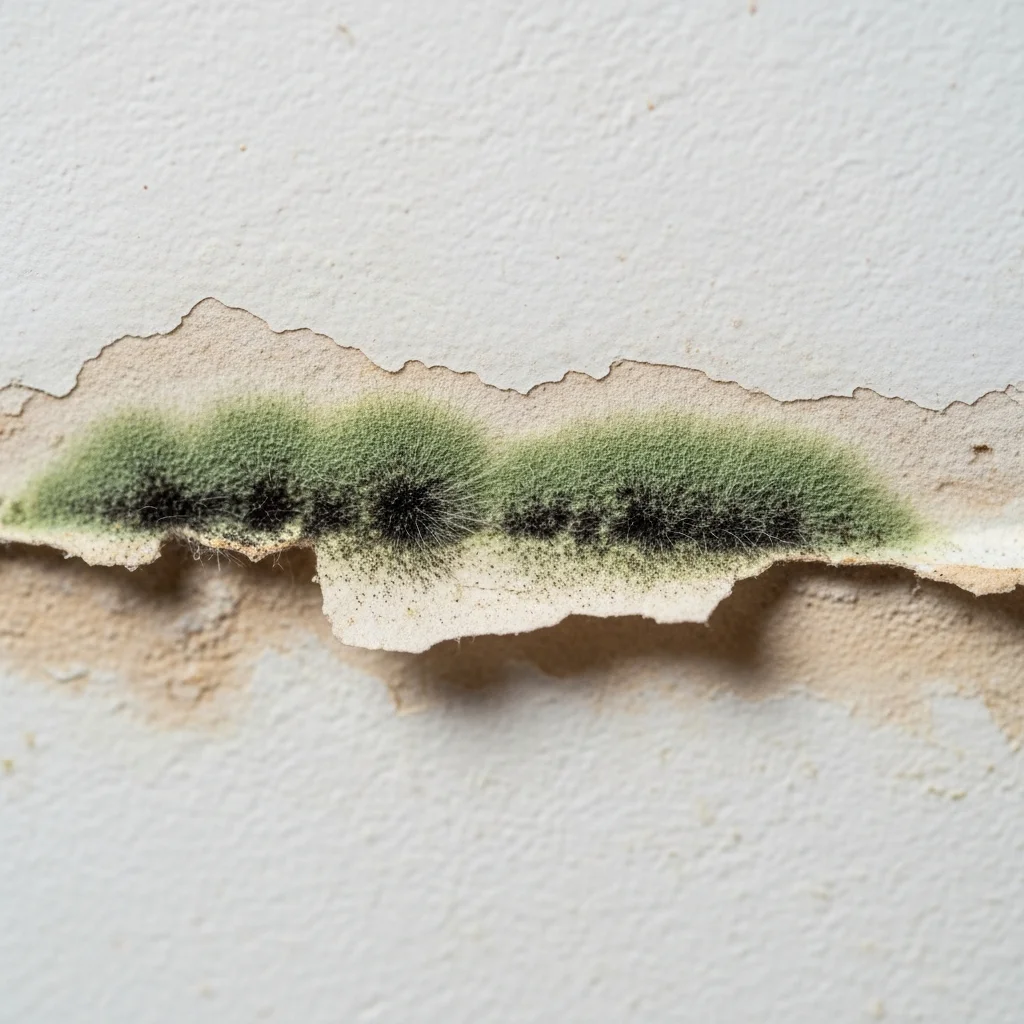 Close-up of early-stage mold colonies forming along a waterline on flood-damaged drywall after a hurricane