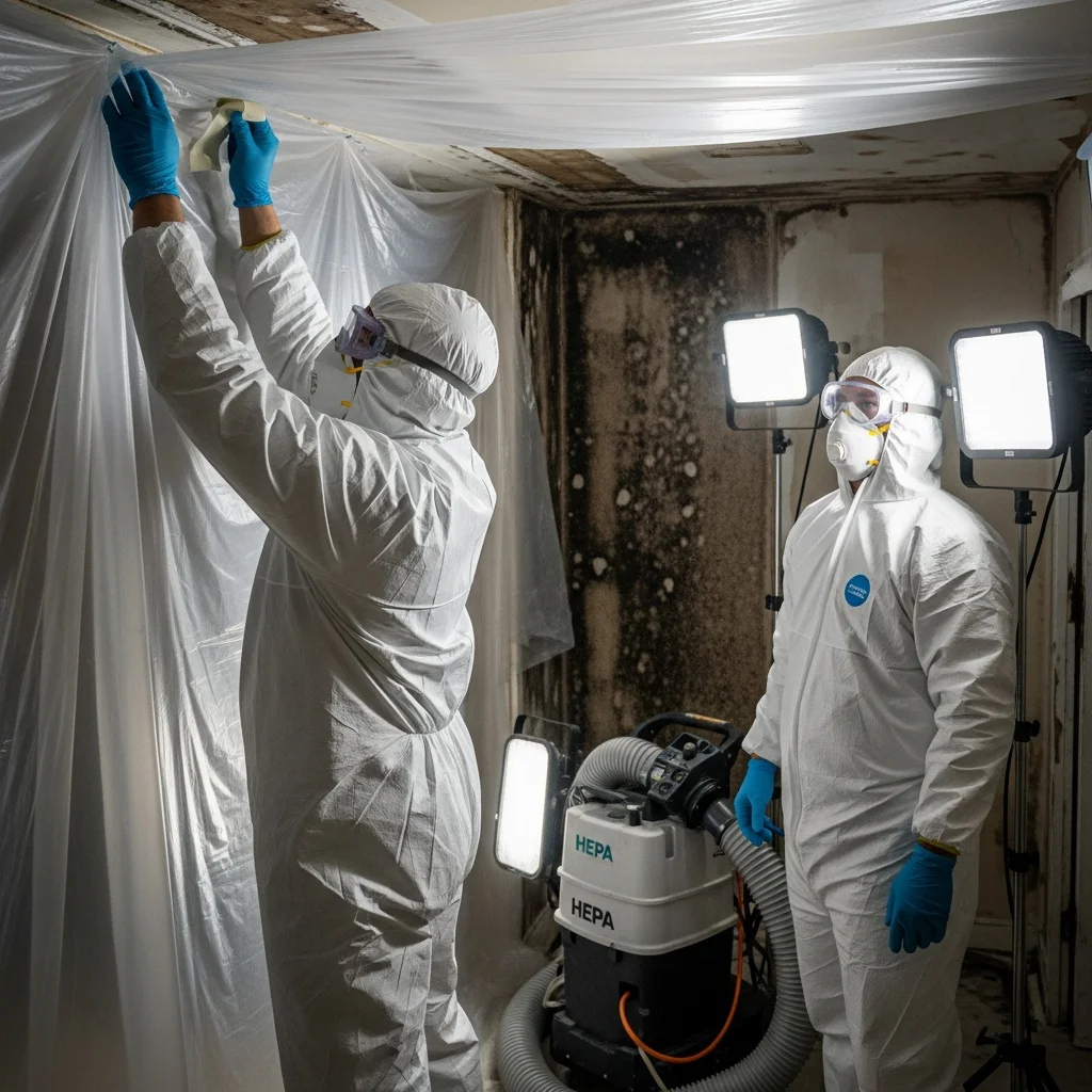 Palm Build mold remediation technicians in Tyvek protective suits installing plastic containment barriers and HEPA negative air machine in hurricane-damaged room
