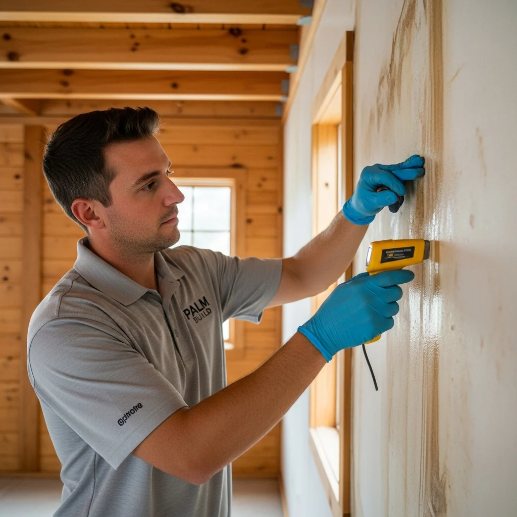 Palm Build restoration technician using a digital moisture meter to detect hidden water content inside a hurricane-damaged wall in a North Carolina home