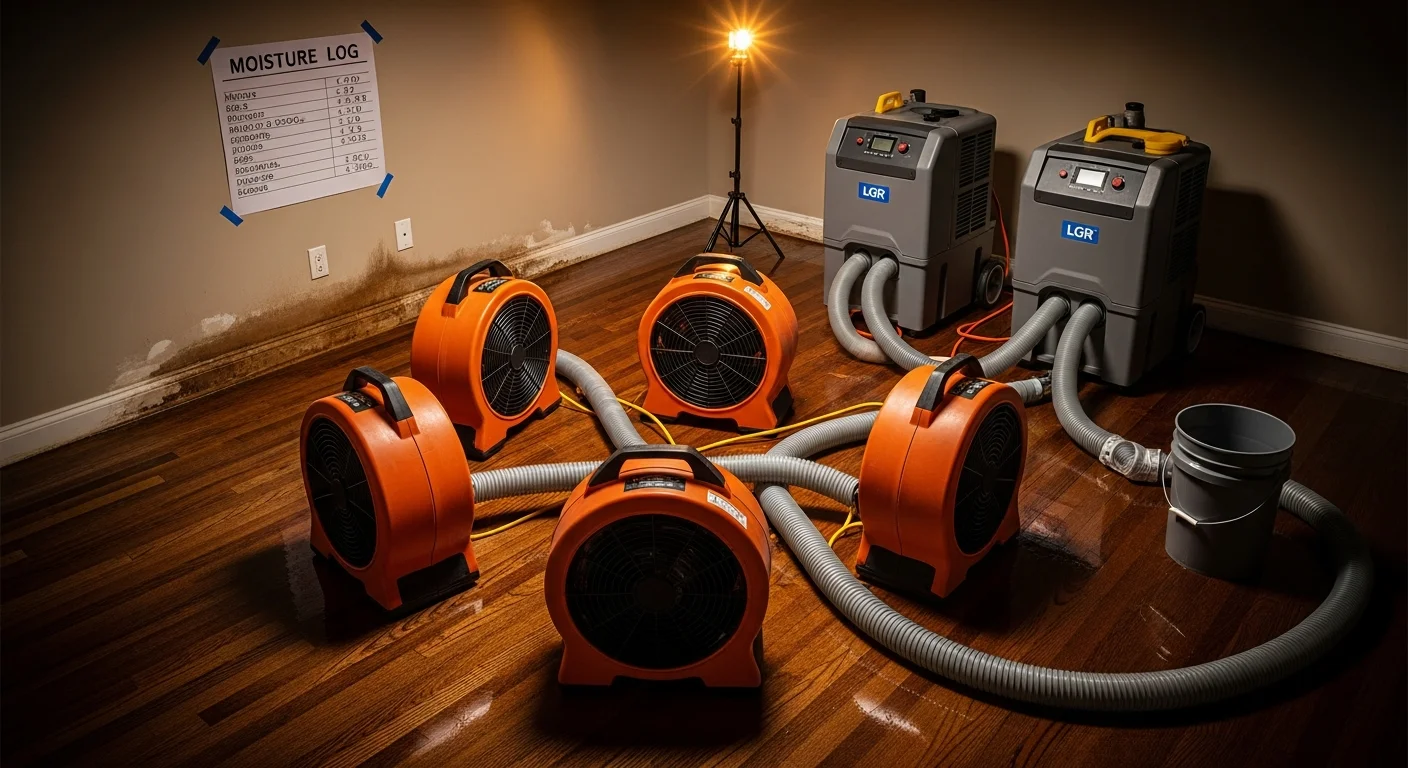 Commercial LGR dehumidifiers and air movers set up in water-damaged room for professional structural drying after flooding
