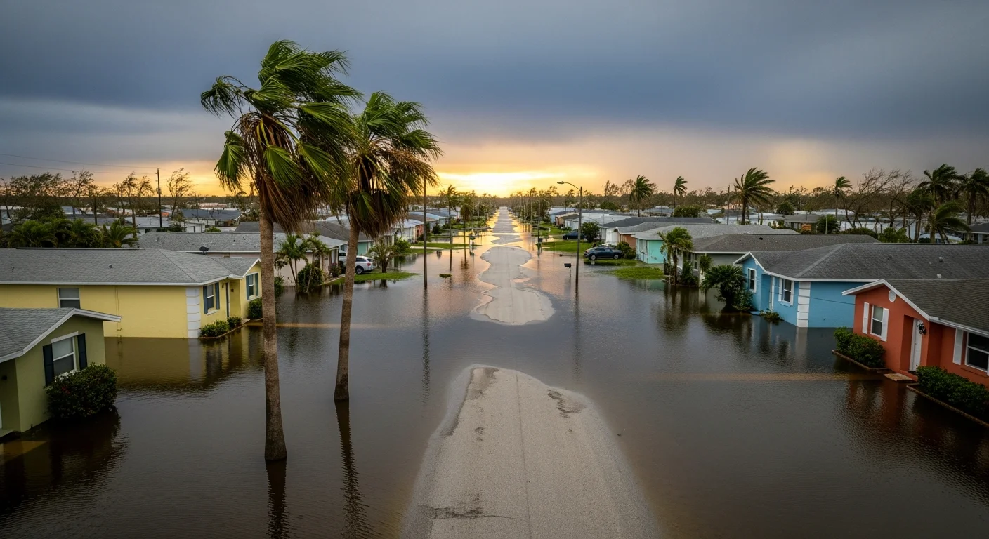 Florida residential neighborhood after hurricane flooding with waterlines visible on stucco home exteriors and palm trees