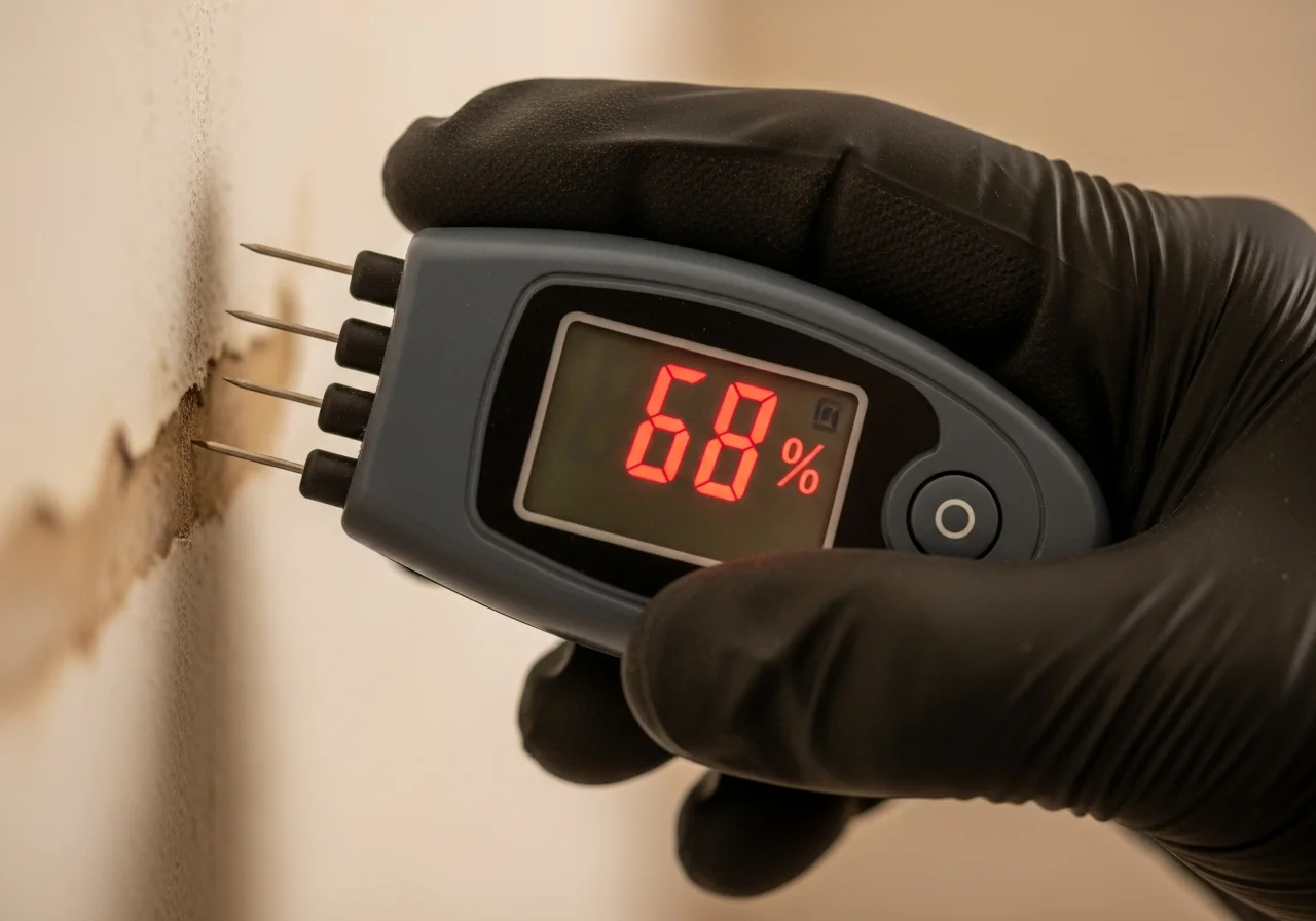 Restoration technician using a digital moisture meter to detect hidden water content in a flood-damaged wall
