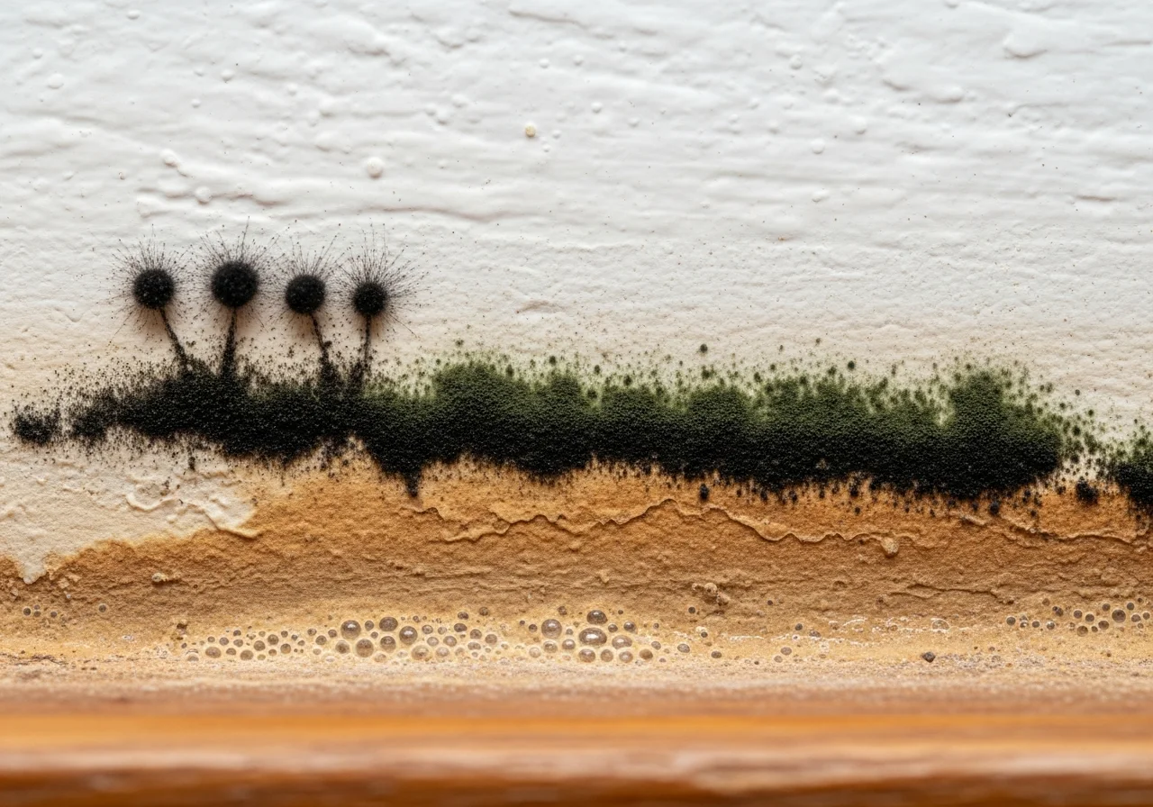 Early-stage mold growth forming along the waterline on flood-damaged drywall — visible within 48 hours of flooding