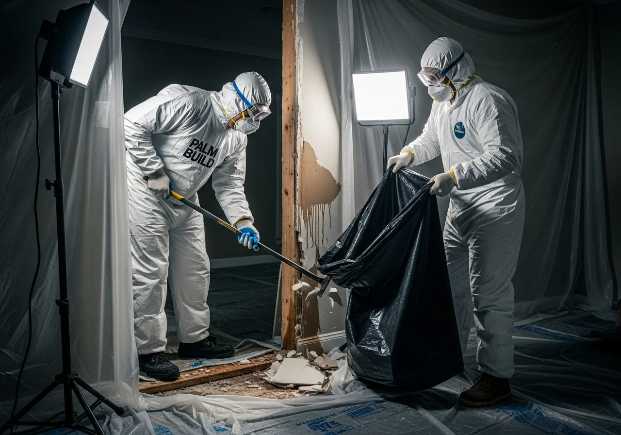 Palm Build crew in protective suits removing wet flood-damaged drywall from a Florida home to prevent mold growth