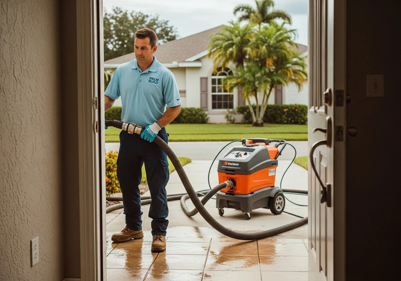 Palm Build restoration technician operating industrial water extraction equipment at a Florida home after flooding