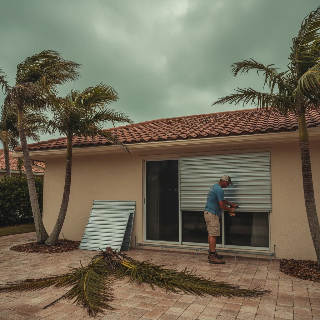 Documentary photograph of a Florida coastal homeowner in profile using a cordless drill to secure the bottom wing nuts on a corrugated aluminum hurricane shutter panel over a sliding glass door of a single story stucco home with barrel tile roof while royal palms bend slightly in pre storm wind under an overcast greenish grey pre storm sky