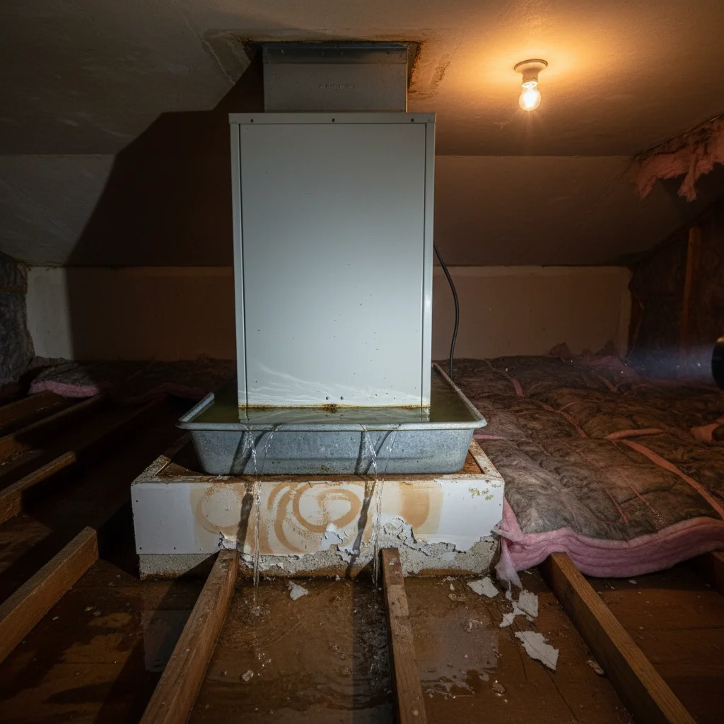 Documentary photograph of a Florida attic HVAC air handler with its galvanized condensate overflow pan visibly overflowing and water spreading across attic flooring with brown water-ring stains spreading across the ceiling drywall and pink fiberglass insulation darkened with moisture beneath